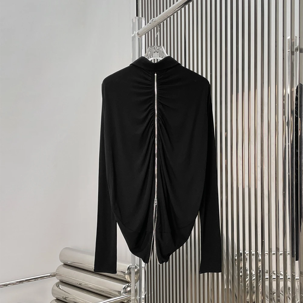 Schwarzes, langärmliges Hemd mit Kragen und doppeltem Reißverschluss für Damen, asymmetrisches Design, elegantes Pendler-Hemdoberteil, Frühjahr 2026, Neuankömmling, Y2K