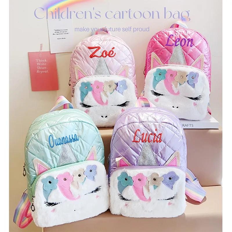 Mochila infantil de pelúcia unicórnio, bordado personalizado, moda estudantil, menina, novo