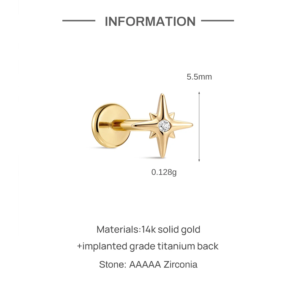 AIDE Mini-Piercing-Ohrringe aus 14-karätigem massivem Gold, glänzend, Herz-/rund-/sternförmig, für Damen, in verschiedenen Größen, klassischer Hochzeits- und Brautschmuck, luxuriöser Schmuck – Detail 3