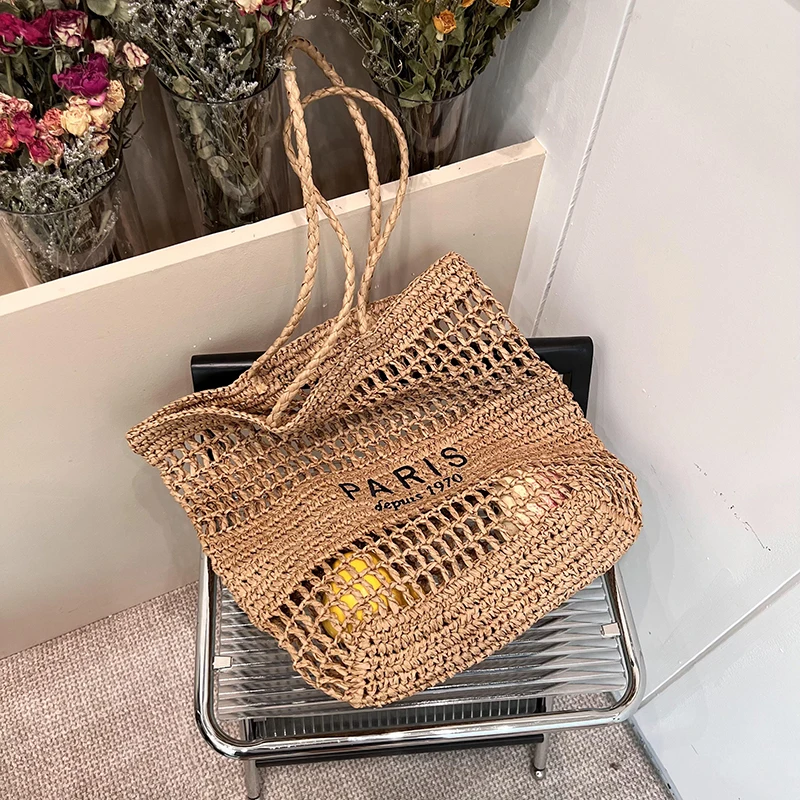 Woven Tote Bag Large Capacity Handbag Hollow Out Straw Shoulder Bag Women\'s Shopper Picnic Shopping Bag 2024 Fashion Luxury