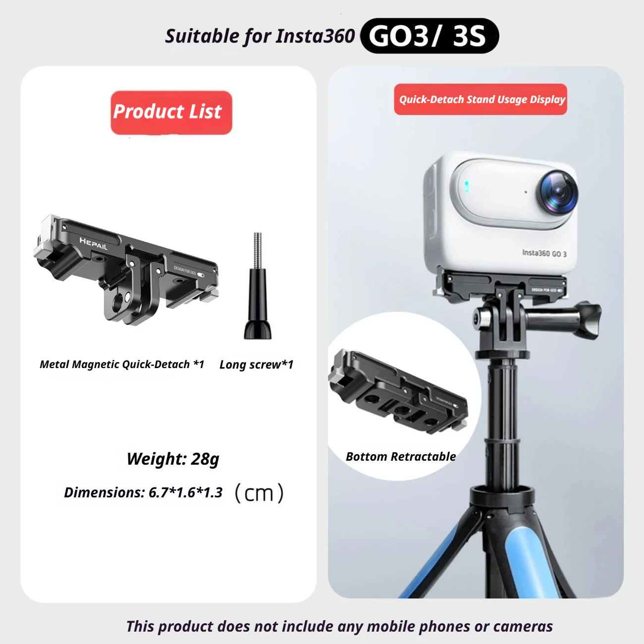 Magnetische Halterung für Insta360 GO3/GO 3S Aluminiumlegierung Schnellwechsel-Basishalterung für Insta 360 GO 3S/GO3 Kamera mit 1/4 Zoll