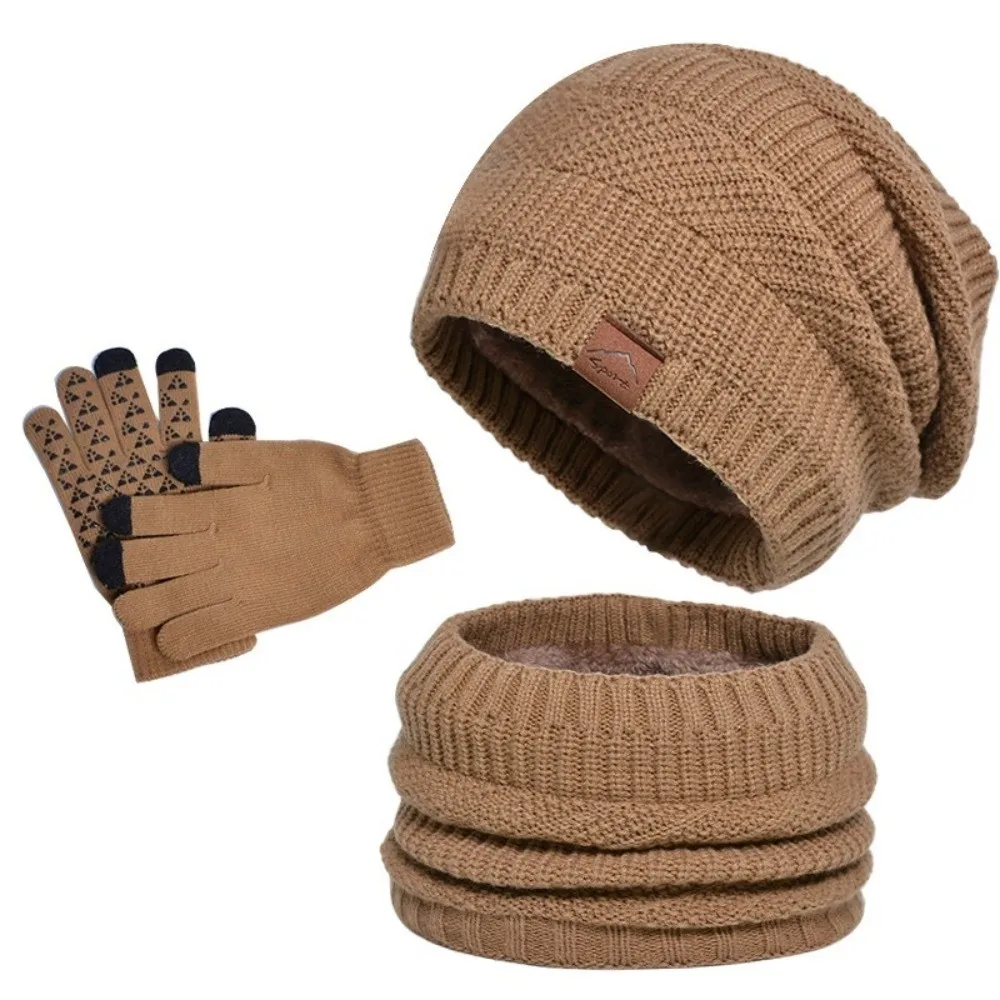 3pcs Solid Color Hat Scarf Gloves Set Warm Thicken Thermal Knit Cap Fleece Lined Thermal Protection Winter Beanie Hat Women/men