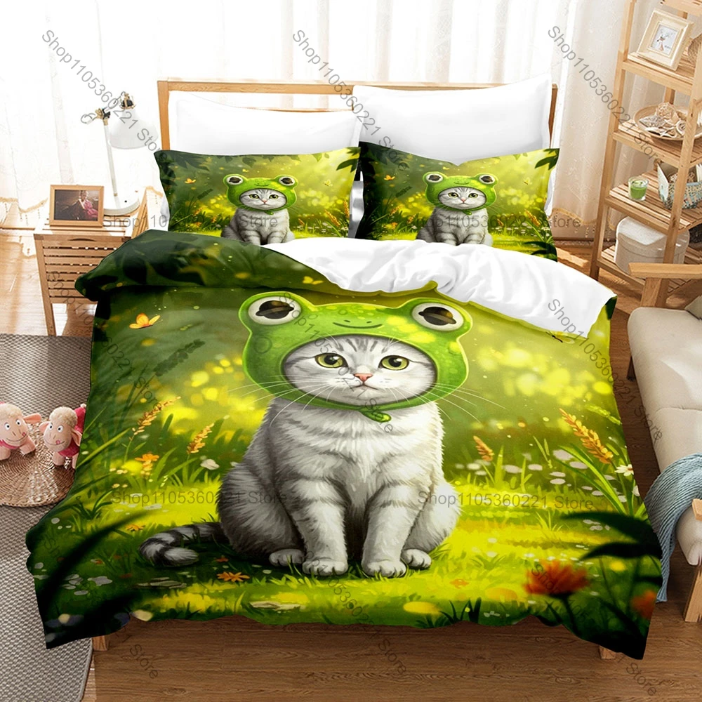 Funny Green Alien Cat Bedding Set, Duvet Cover & 2 Pillowcases, Fun Creature Pattern Breathable Fabric All Season