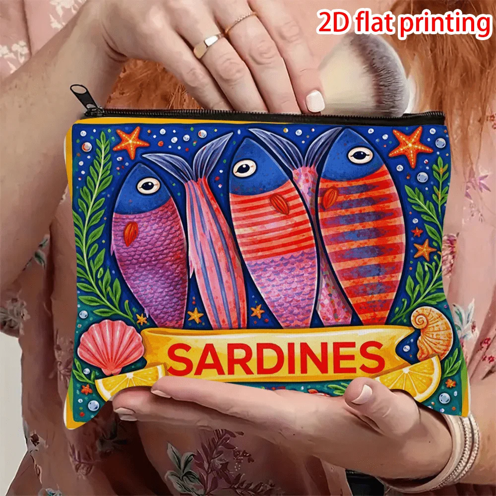 SARDINES Themed 2d Flat Printing Cosmetic Bag with Vibrant Fish Sea Motifs Featuring Zipper Closure Ideal for Travel Women