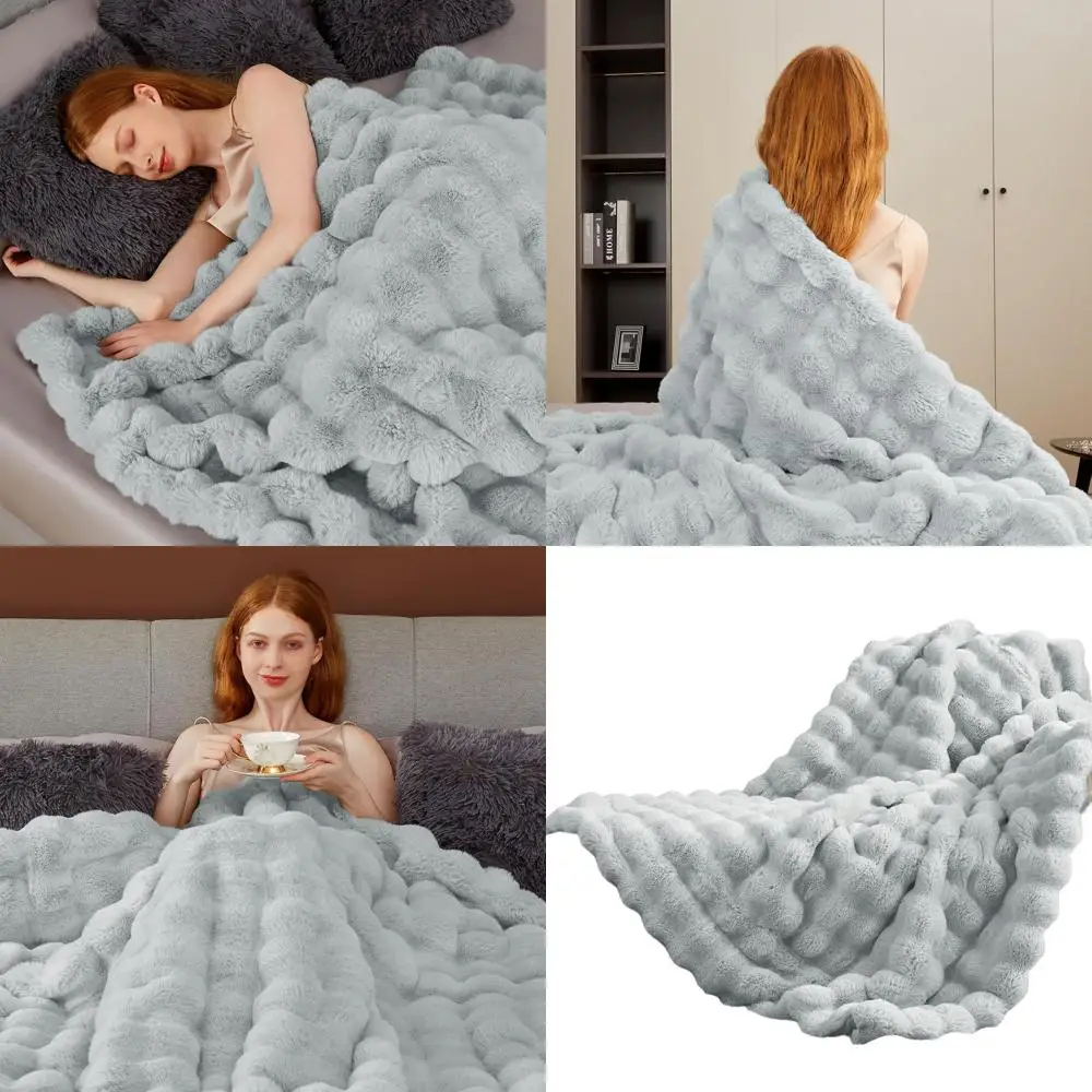 

Elegant 1000GSM Faux Rabbit Fur Blanket, Luxurious Heavyweight Cozy Grey Throw for Sofa, Couch, Bed, Reversible Plush Mink Style