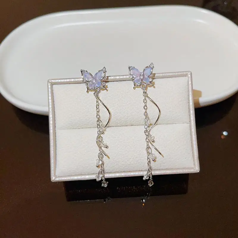 Exquisite Fashion Butterfly Long Tassel Earrings Shiny Cute Dangle Design Jewelry for Night Club Party Wear