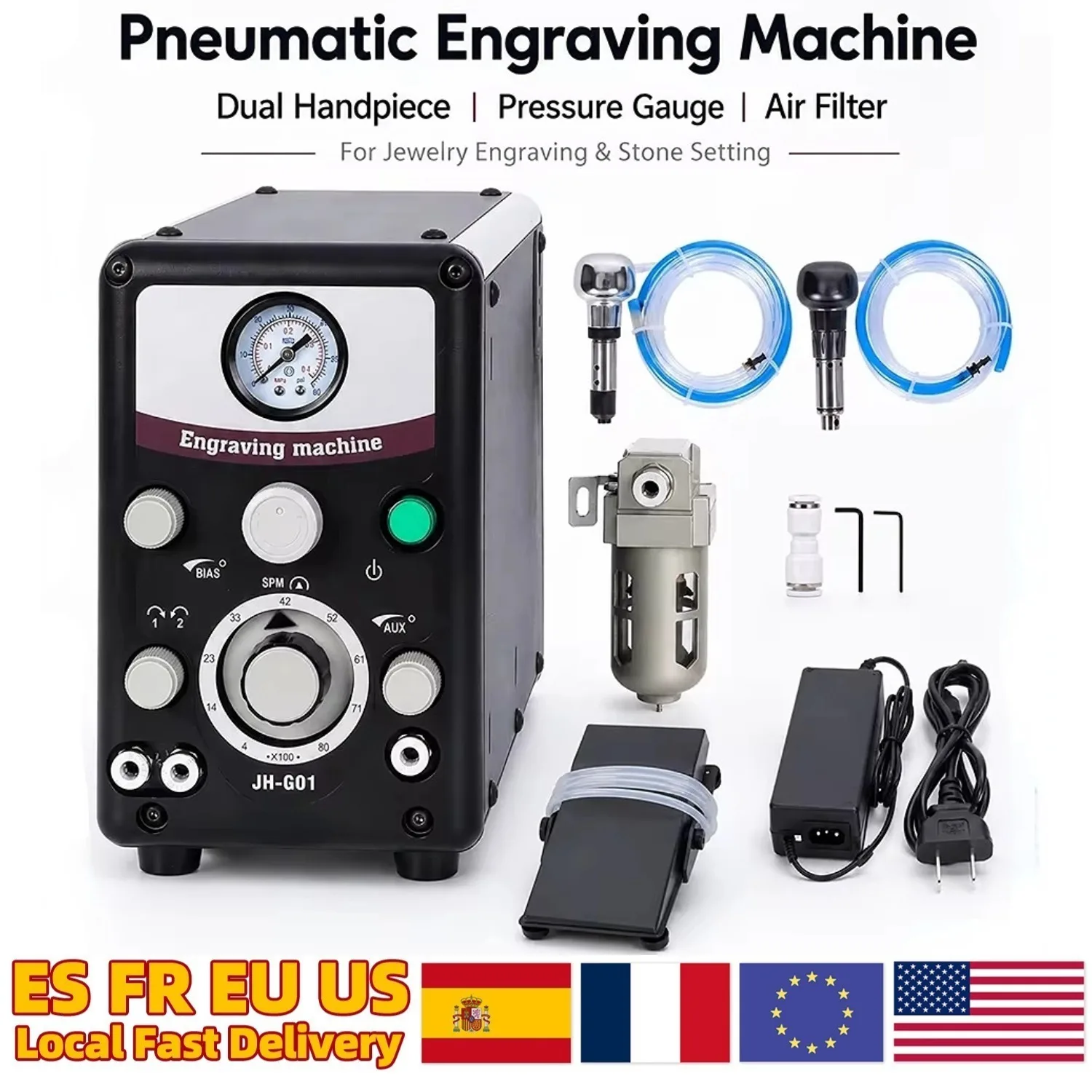 110V GraverMax G8 Pneumatic Engraving Machine with Dual Handpiece, Air Graver with Pressure Gauge & Air Filter for Jewelry Stone Setting JH-G01 Quick Setup Hand Engraving 400~8000rpm Jewelry Engraver Machine