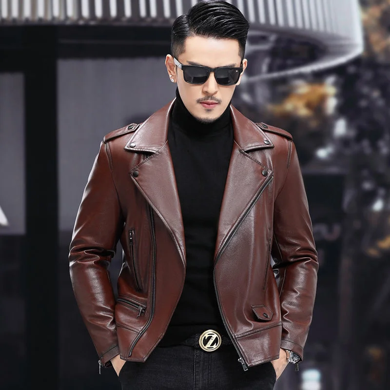 genuine leather 100% fur coat men jacket2023 New Haining Leather Jacket Men's Short Slim Collar Single Locomotive Casual Sheeps