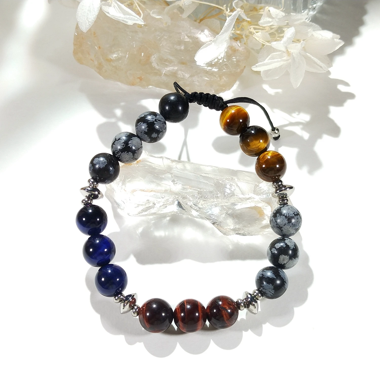 Lii Ji Natural Snowflake Obsidian Tiger's Eye Black Agate 10mm Adjustable Bracelet for Male Jewelry