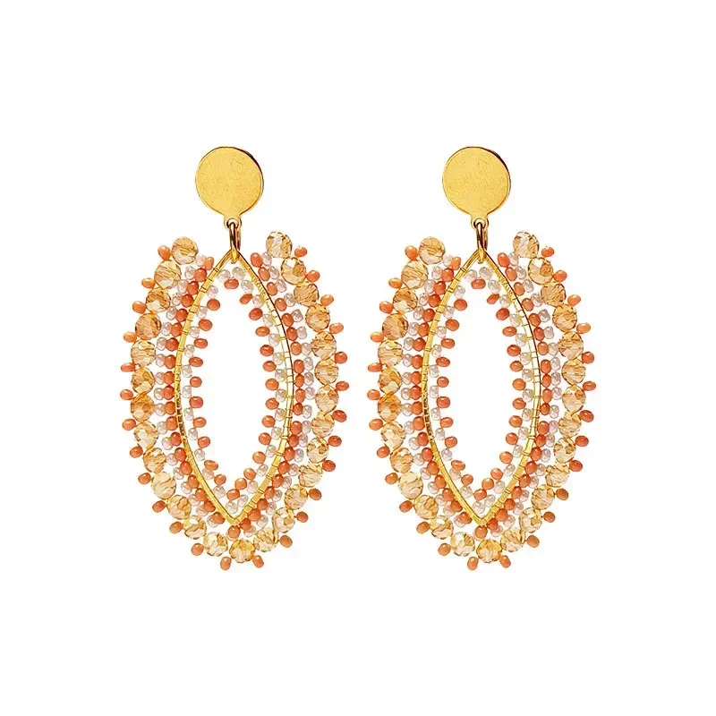 

Rice bead earrings Crystal Rhomboid Originality Hand knitting Bohemia Fashion Simple Alloy Female Hollow out Beaded earrings