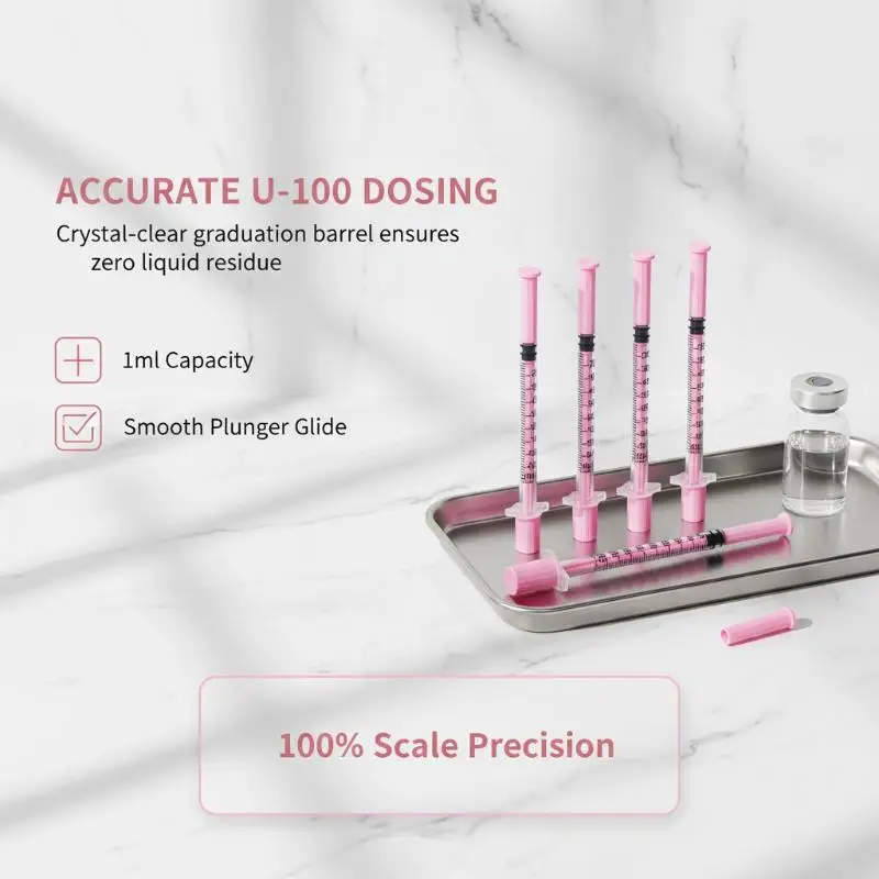 5Pcs 1ml Pink Disposable Insulin Syringe  Fine Needle Sterile Hypodermic Injection Syringe For Subcutaneous Use