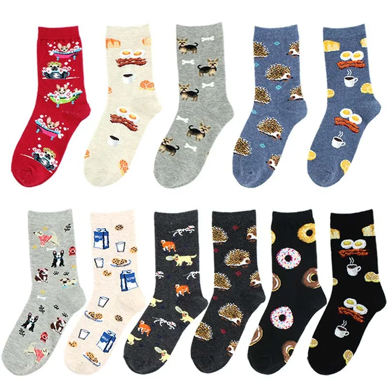 Cute Animal Food Funny Socks Women Donut Dog Hedgehog Printed Sokken Kawaii Cartoon Funny Socks Calcetines Mujer