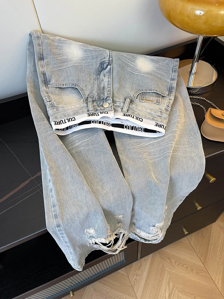 

Retro American Light Blue Denim Pants Women's Loose Wide Leg Straight Cut Jeans High Waist Tear Hole Casual High Quali