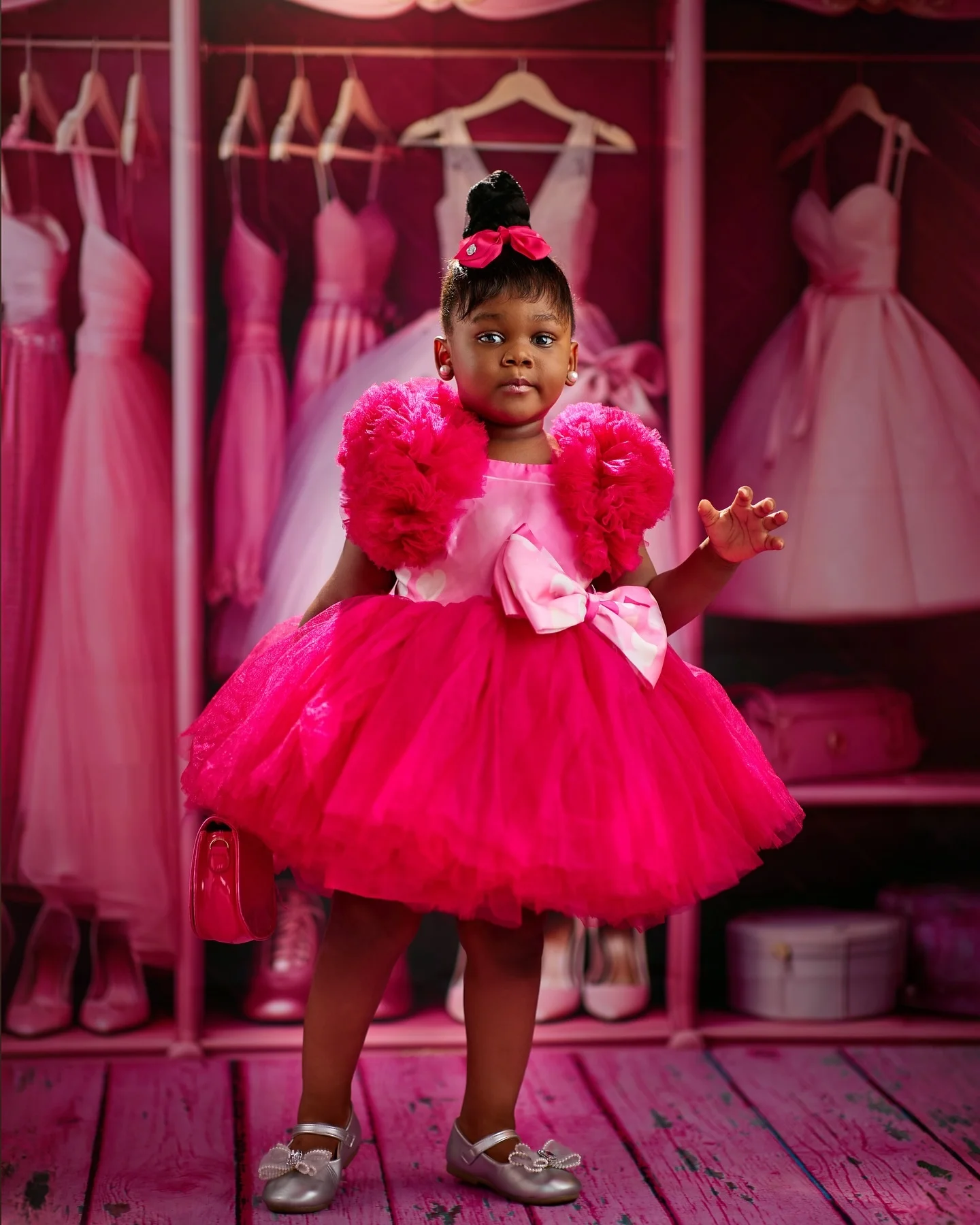 Hot Pink Baby Girl Party Dress Photo Shoot Toddler First Birthday Gown Girls Gifts Baby with Big Bow