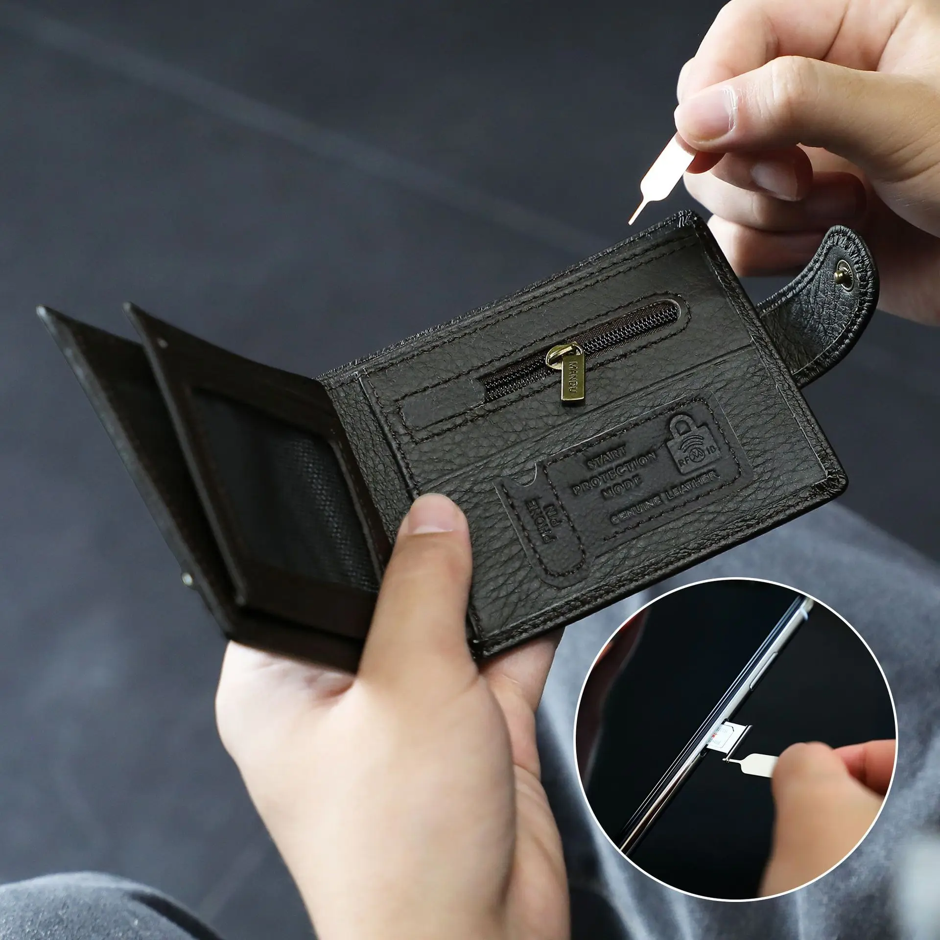 محفظة رجالية، حامل نقود من الجلد الطبيعي مضاد للسرقة، سعة كبيرة ومتعددة الفتحات لتخزين بطاقة SIM الفضفاضة، محفظة عمل
