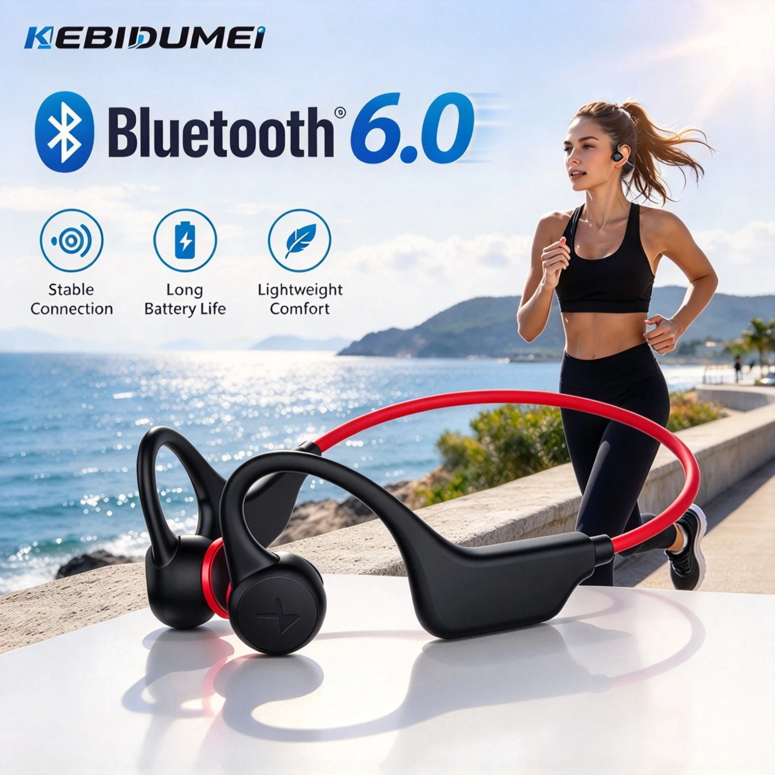 KEBIDUMEI Bluetooth 6.0 Bone Conduction Earphones Open-Ear Headphones Long Standby Noise Reduction Ear Hook Wireless Headsets