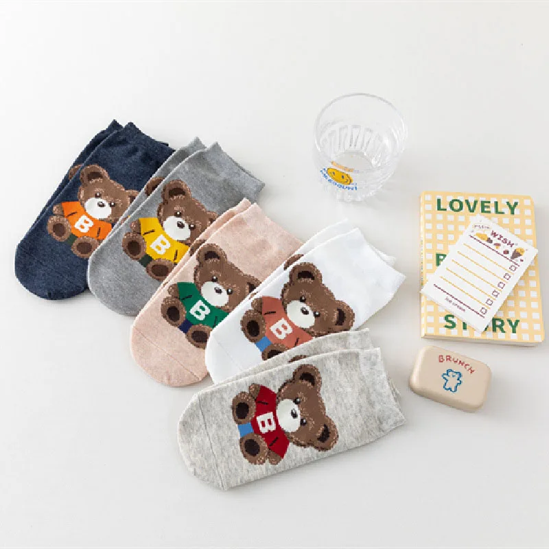 5Pairs Women Cute Bear Ankle Socks Fashion Breathable Comfortable Soft Kawaii Low Cut Sock High Quality Casual Cotton Sox Female