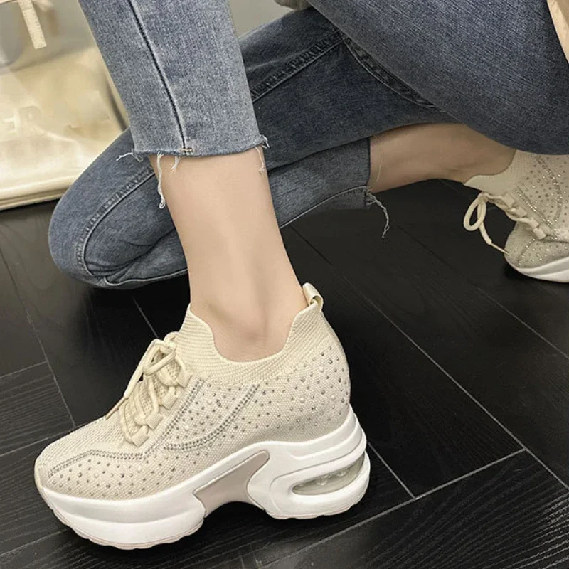 Women's Rhinestone Breathable Shoes Mesh Thick Bottom Lace Up Sneakers Lightweight Walking Trainers Zapatilla Deportiva Mujer