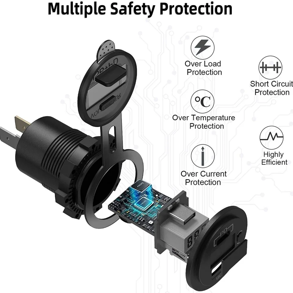 12V 48W USB Charger Outlet Waterproof Charger Socket PD Type C and QC3.0 USB Port USB Socket for Car Boat Marine Truck