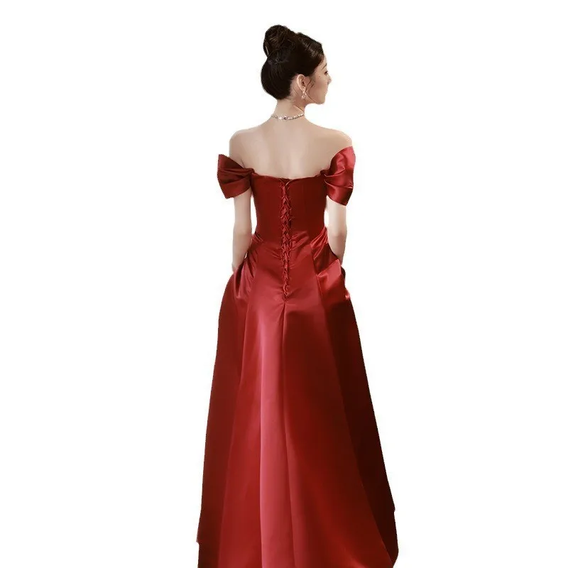 One line shoulder toasting style satin red light luxury fashion dress