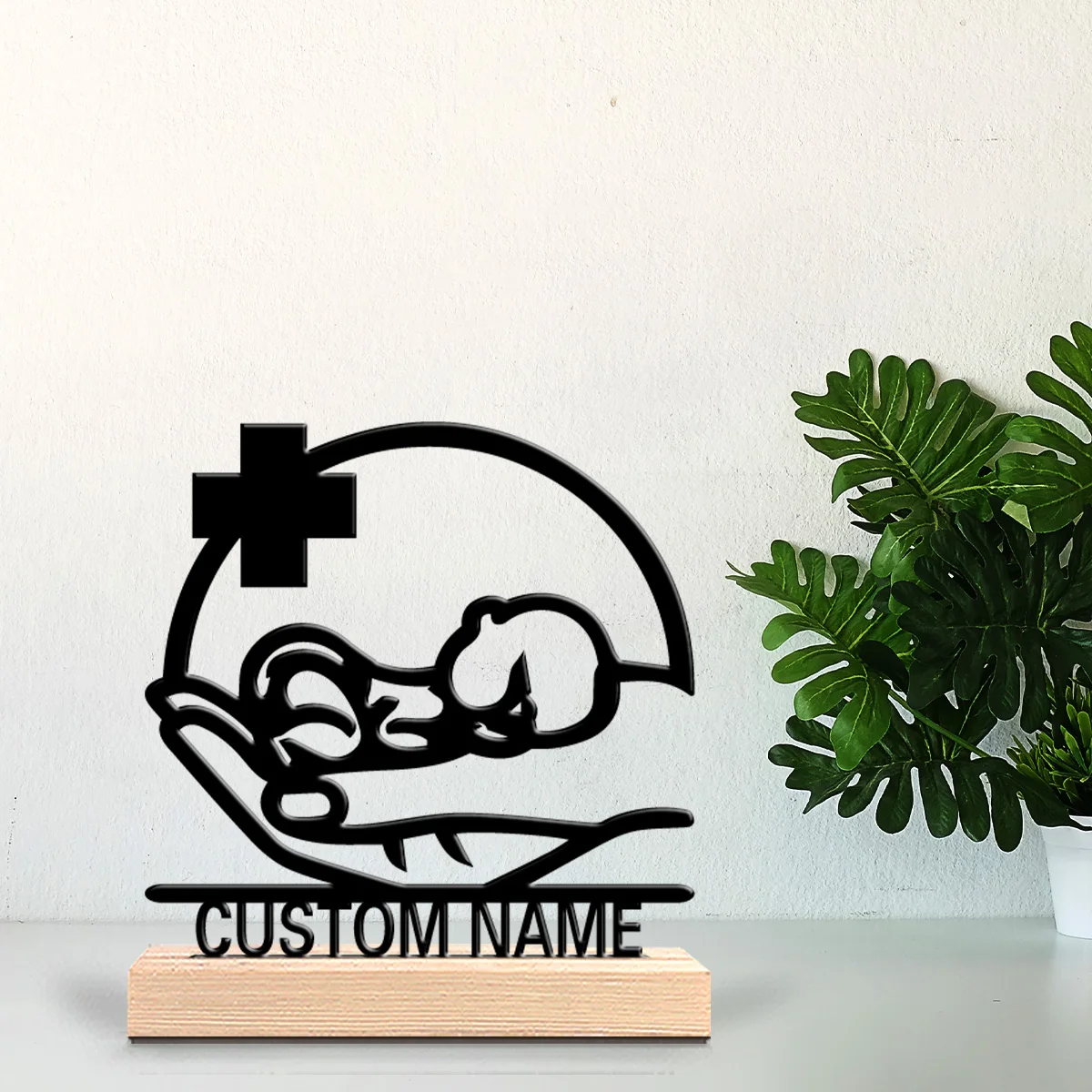 1pc Obstetrics Customizable Text Metal Statue Metal Ornament With Wood Base Tin Ornament With Wood Base For Children Gifts