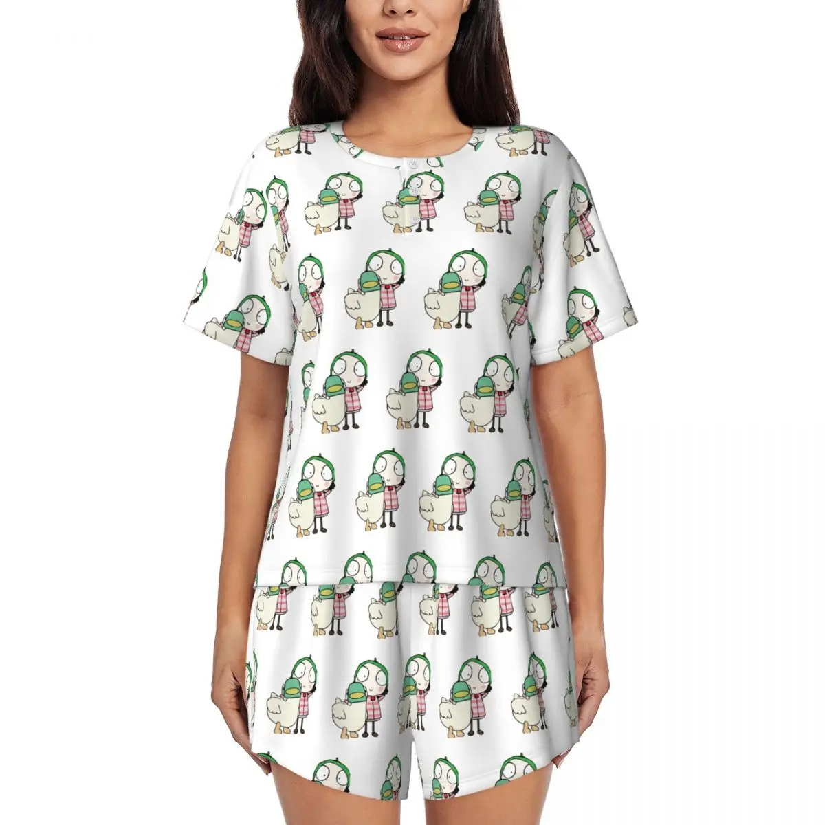 

Sarah And Duck Having Fun Round Neck Short Sleeves Nightdress for Sleeping Sleepshirts Women Loose Pajama Set Short Pants