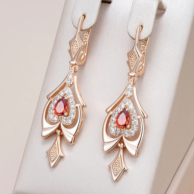 Kinel Hot 585 Rose Gold Color Fine Drop Earrings for Women Crystal Flower Red Natural Zircon Accessories Daily Vintage Jewelry