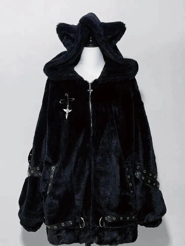 เสื้อโค้ทสไตล์ญี่ปุ่น แขนยาว ผู้หญิง ลำลอง สีพื้น หูกระต่าย ฮาราจูกุ เสื้อสเวตเชิ้ต ซิปหวานๆ เสื้อฮู้ดดี้ ฤดูใบไม้ร่วง ฤดูหนาว