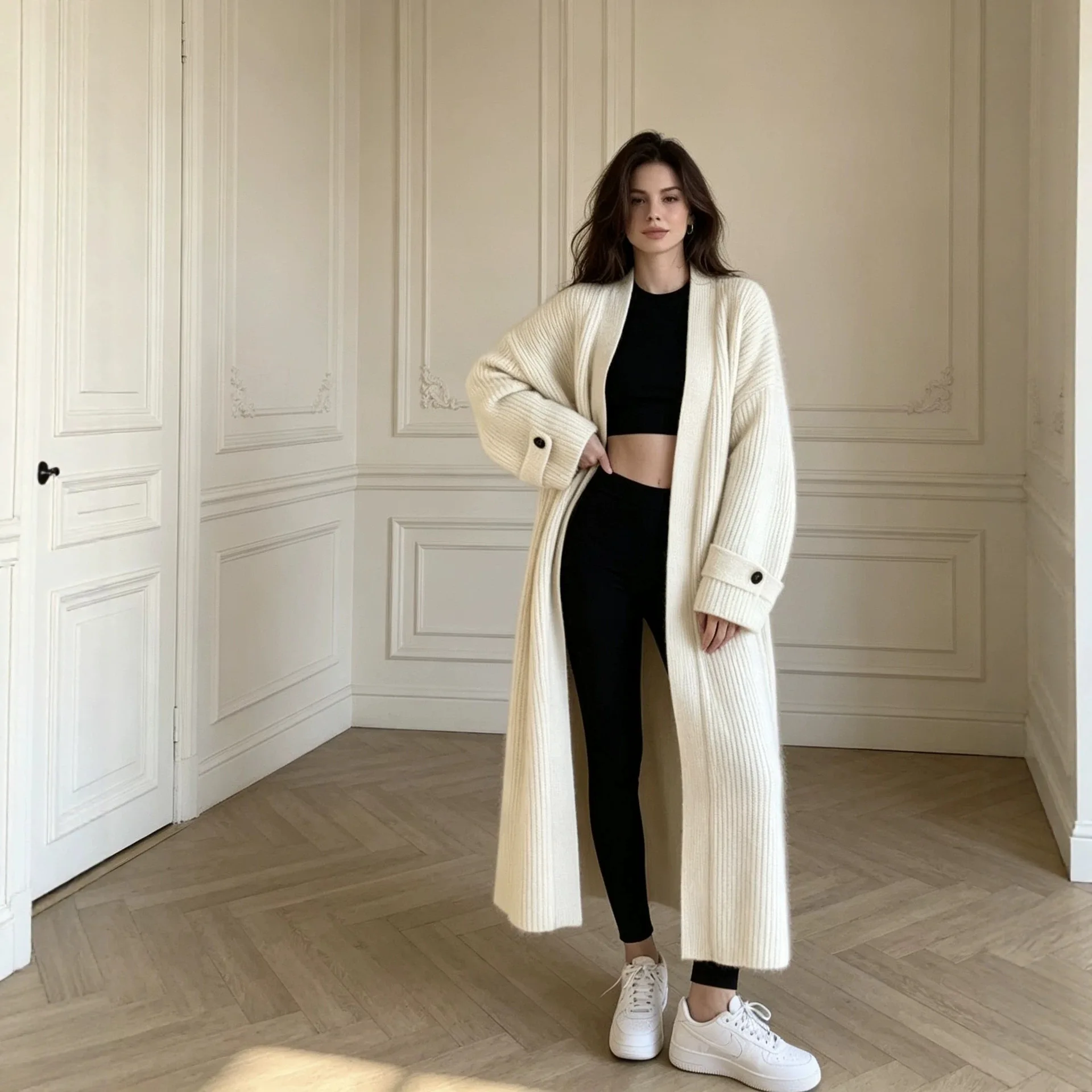 Women Long Open Front Knit Cardigan Oversized Loose Long Sleeve Solid Beige Soft Sweater Coat For Winter Casual Street Outfit