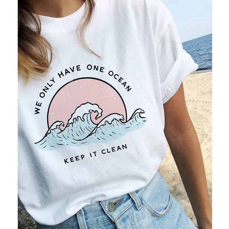 Y2k Short Sleeves T-shirt Colored We Only Have One Ocean Keep It Clean T-Shirt Clothing Retro Top Aesthetic  Vintage Loose Short