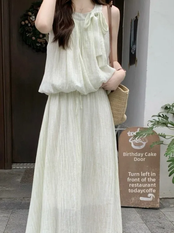 

Летняя женская длинная юбка и жилет с высокой талией, комплект из двух предметов, корейский плиссированный топ с поясом и юбка-миди, ансамбль