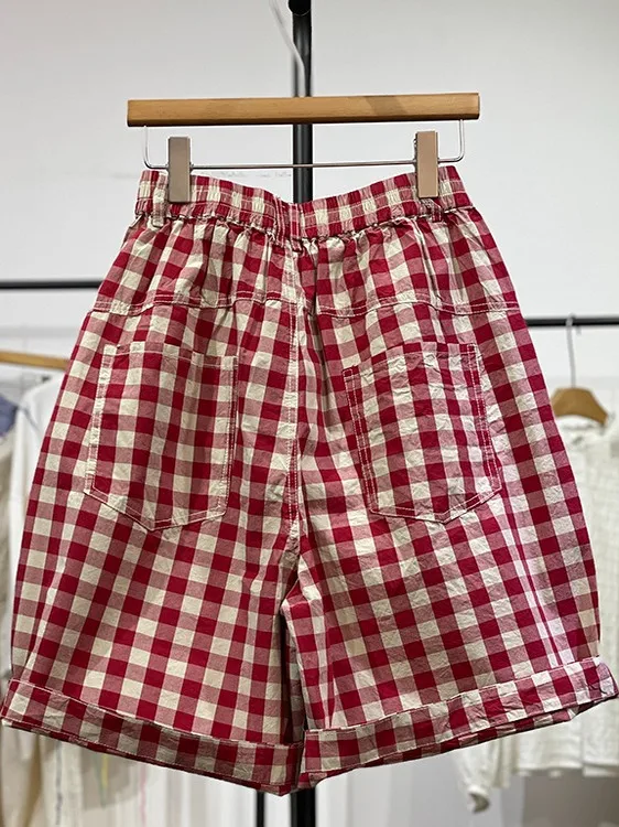 Pantalones ort de pierna ancha a cuadros rojos Retro para mujer, novedad de verano, pantalones holgados informales de cinco puntos, mezcla de algodón de cintura alta