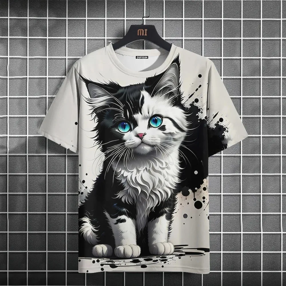 

2026 New 3D printed men's T-shirt with cute cat pattern printed cartoon casual loose oversized short-sleeved