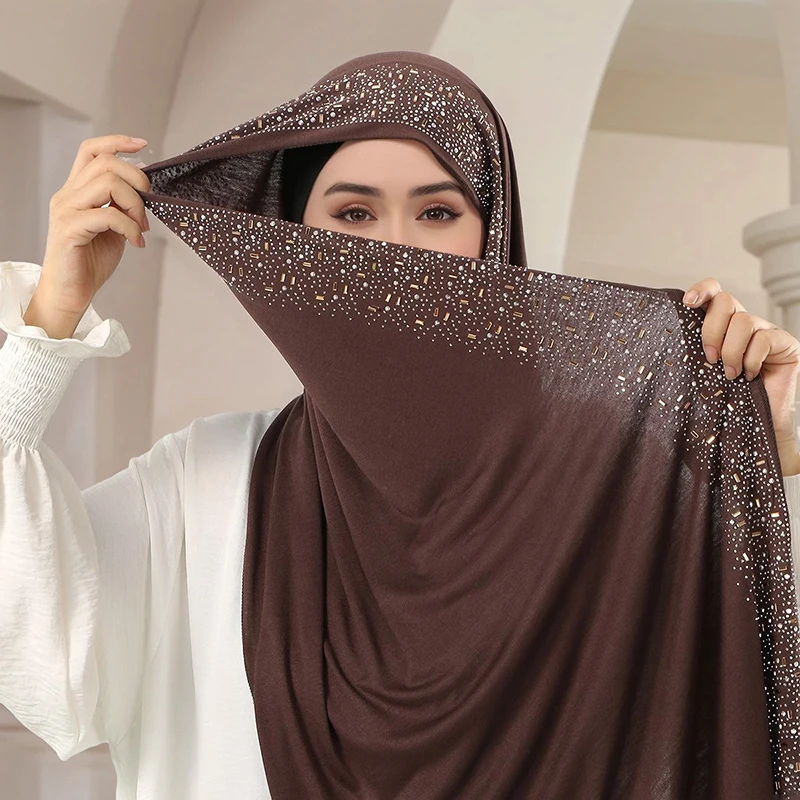 Ramadan Muslim Shimmer Rhinestone Jersey Cotton Hijab Scarf for Women Solid Headscarf Shawl Wrap Islamic Headband Turban Bandana view 2