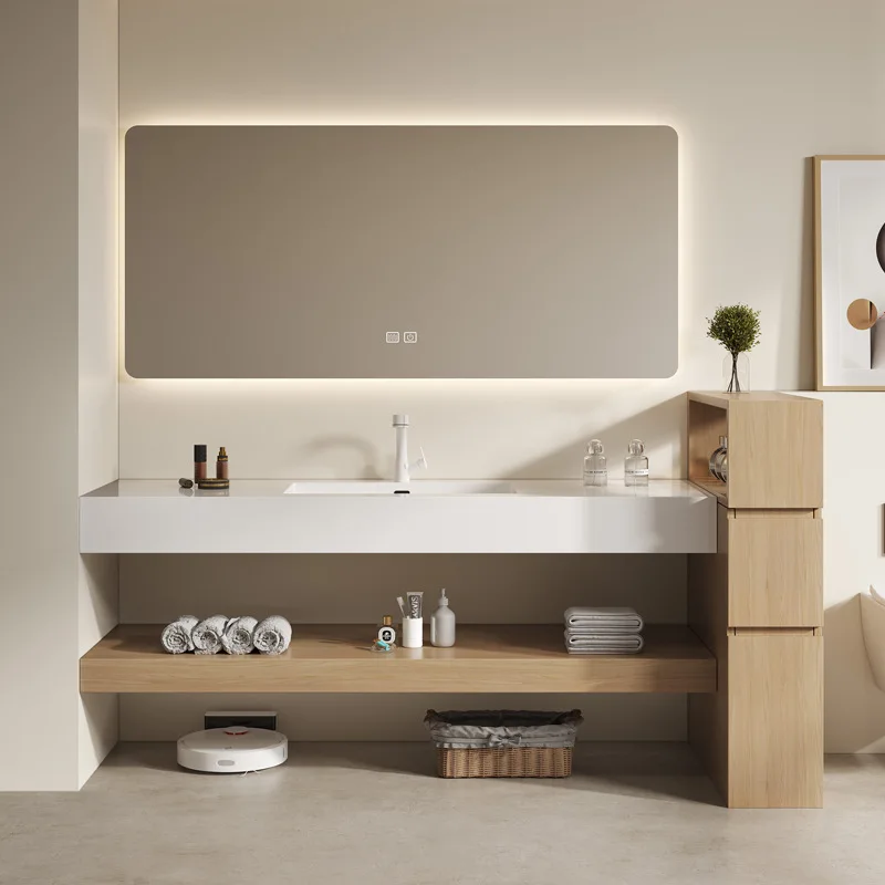 

Slate ceramic seamless integrated basin simple light luxury cream washbasin bathroom washbasin cabinet combination