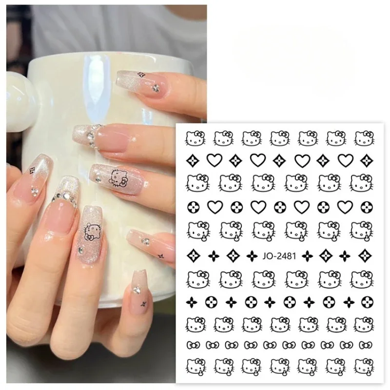 Sanrio peripheral Hello Kitty Nail Art Stickers Anime Cartoon KT Cartoon Cute Hot Girl Glue Back Nail Decal Nail accessories