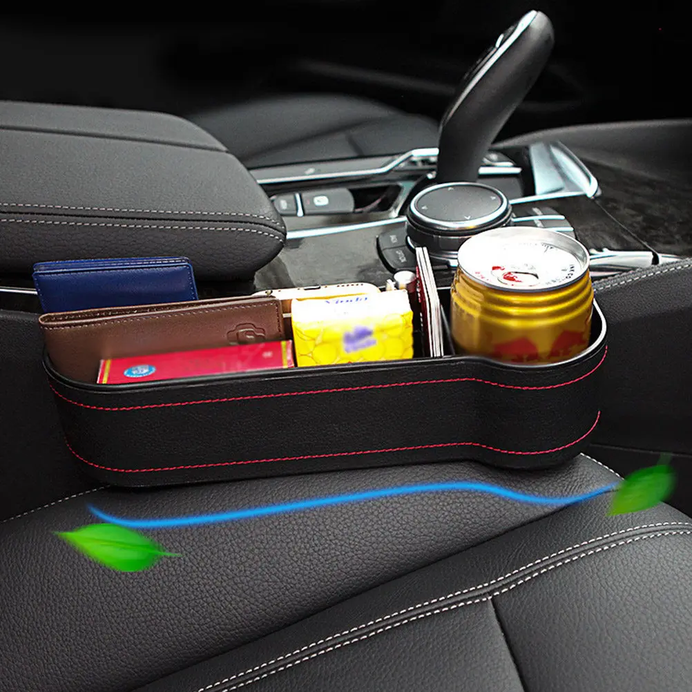 Car Seat Gap Storage Box PU Car Organizer for Water Bottle Phone Keys Towels with Charging Hole Quick Install Black