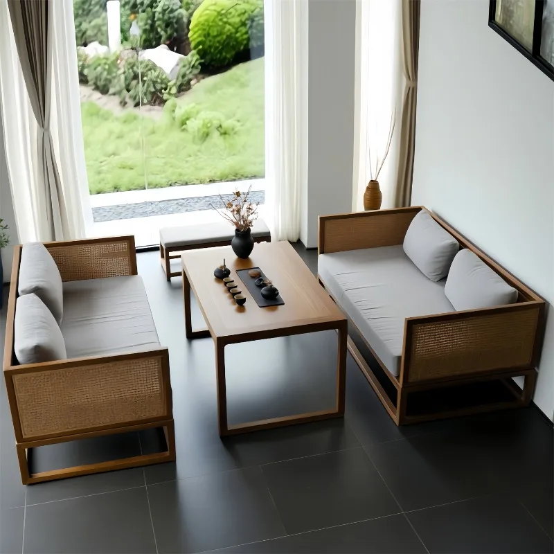 New Chinese style teahouse booth high-end restaurant hotel homestay solid wood sofa combination sales office reception negotiati