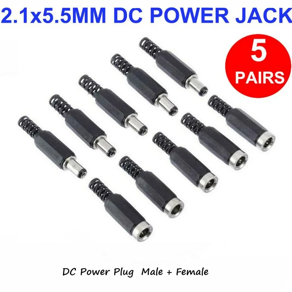 High Quality DC Power Plug Connectors 5 Pairs of Male and Female 21mm x 55mm Solder Termination Compression Stress Relief