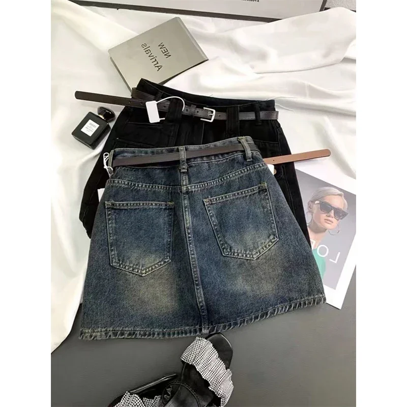 MEXZT البضائع الدنيم تنورة صغيرة المرأة خمر الأسود الورك التفاف الجينز التنانير الشارع الشهير الكورية عالية الخصر تصميم نحيف ألف خط Faldas
