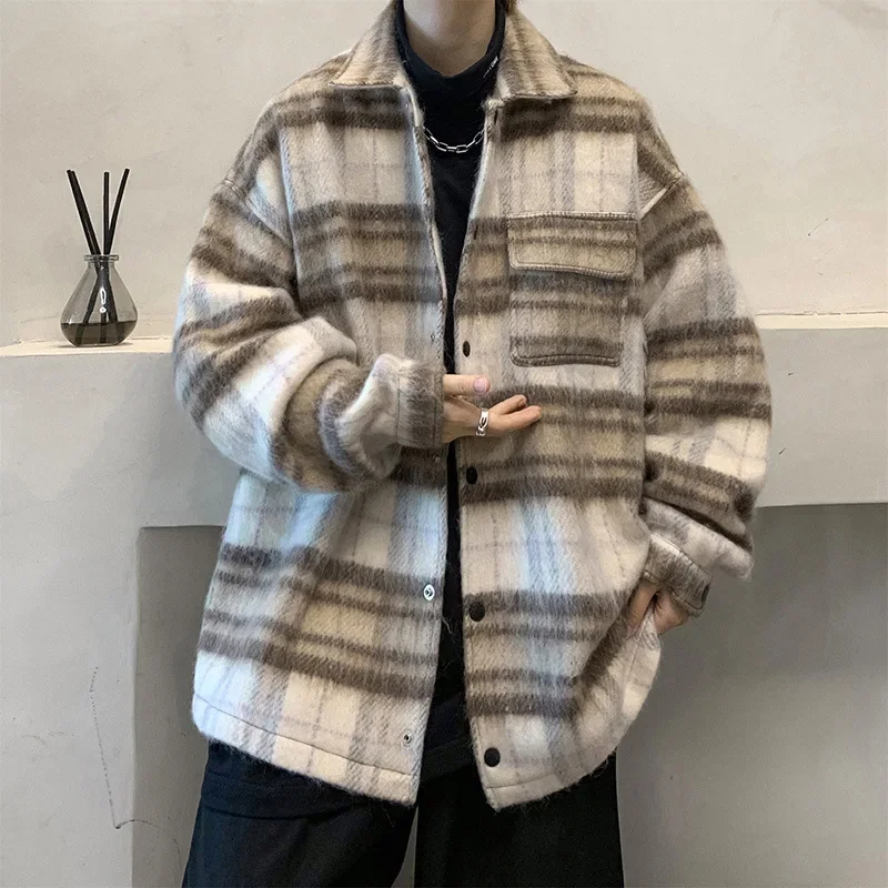 Small Fragrant Wind Fshion Thickened Woolen Coat, Men's Autumn and Winter New Design Sense Loose Warm Plaid Stand Collar Jacket