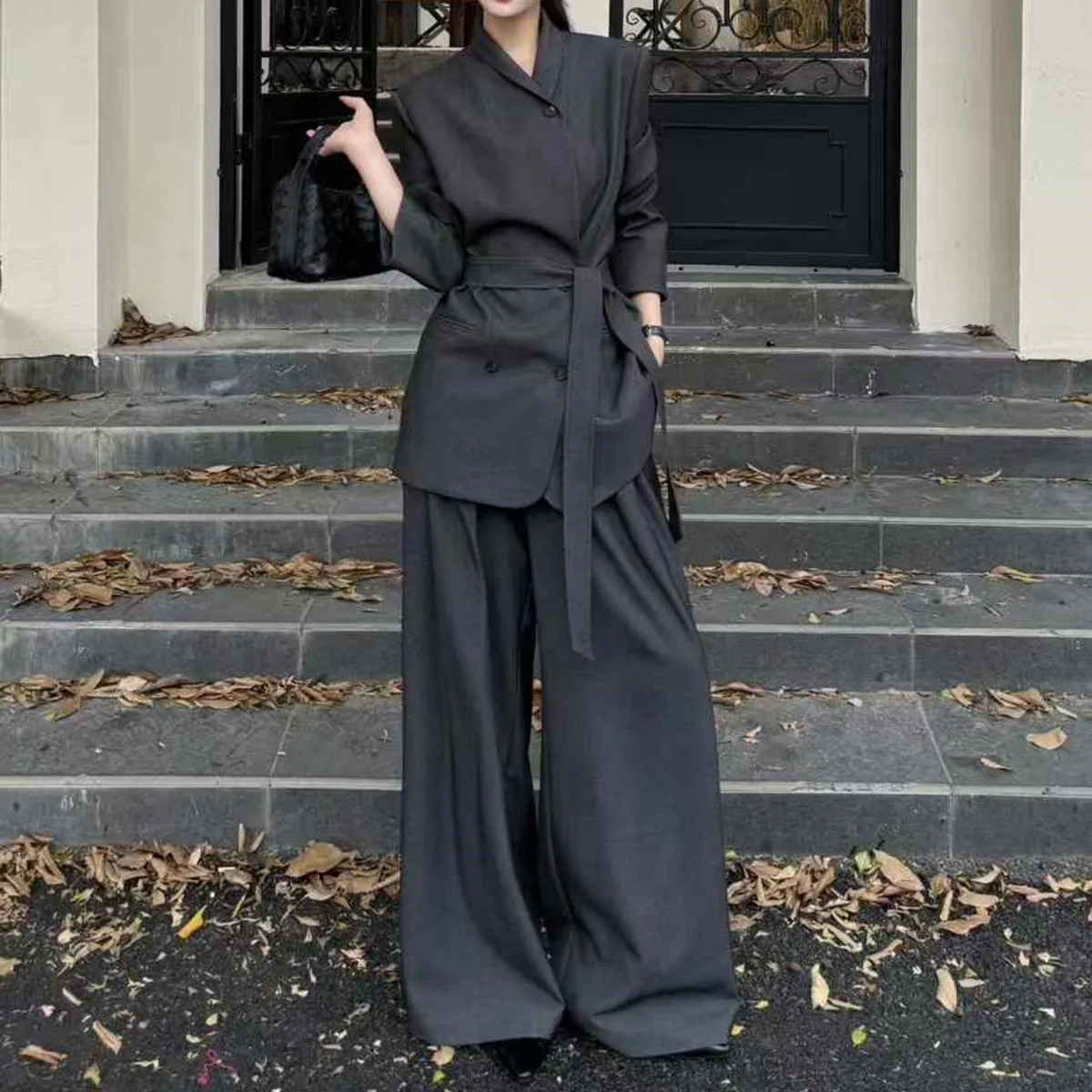 

VTKW Woman's Blazer Solid Color Mid-length Belt-wrapped High-waist Design 2025 Spring High-quality Loose Pants Set Of Two Pieces