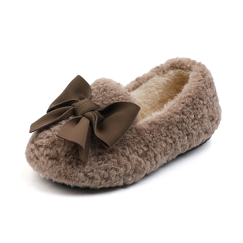 Girls Winter Shoes Cotton-padded Warm Cotton Fur Fluffy Children Flats Kids Loafers Slip-on Princess Sweet Anti-slippery Bowtie