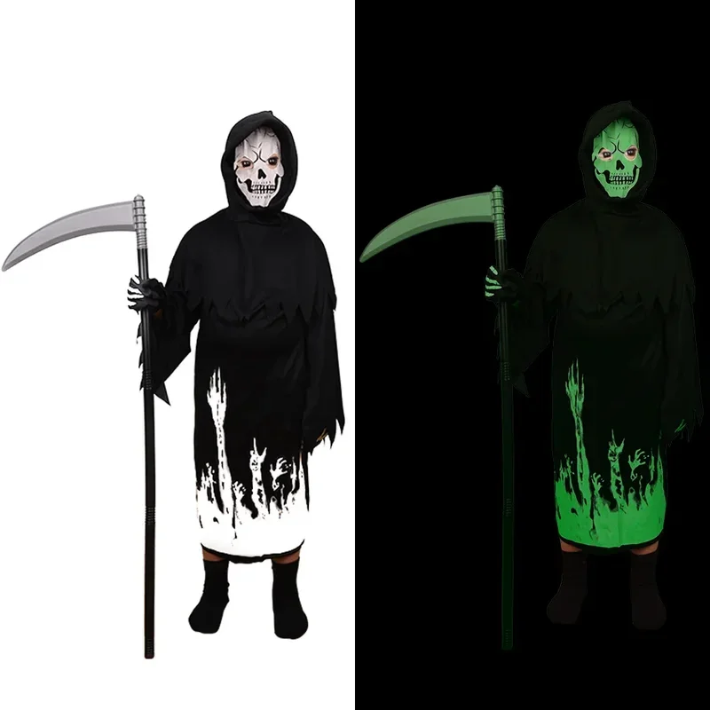

HN8 Halloween Kids Spooky Ghost Cosplay Costume Glow in The Dark Clothing Fancy Dress for Carnival Party No Sickle8…Gf
