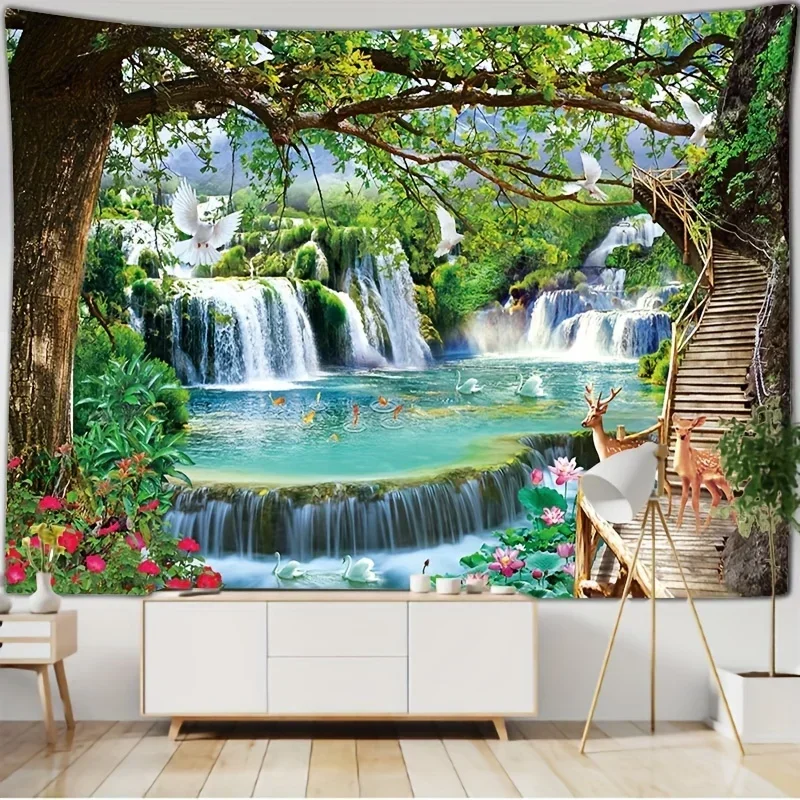 1pc Cute Fashion Forest Tree Colorful Tapestry Landscape Waterfall Spring Fashion Tapestry Living Room Bedroom House Decoration