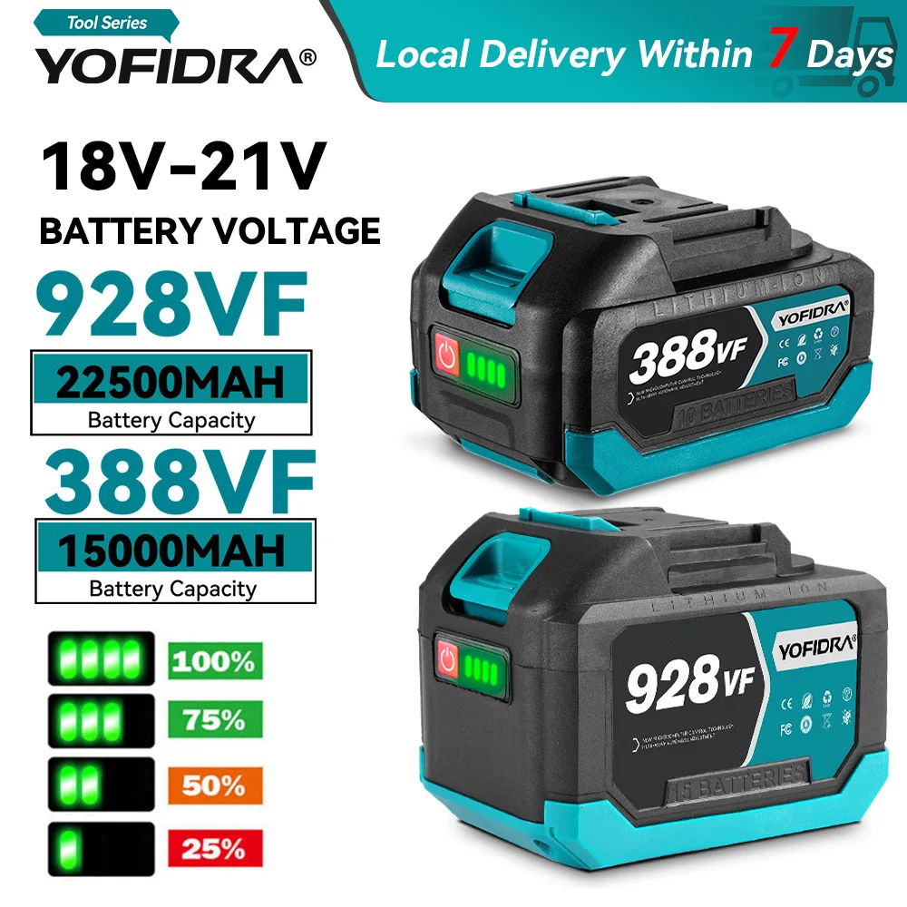 YOFIDRA 21V 18V pantalla Digital recargable 22500mAh 15000mAh 928VF 388VBatería de litio para motosierra llave taladro herramientas eléctricas
