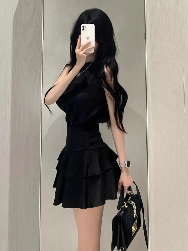 طقم تنورة صيفية رغبة نقية أنيقة حلوة وحارة، تنورة معلقة على شكل حرف O، طقم مكون من قطعتين