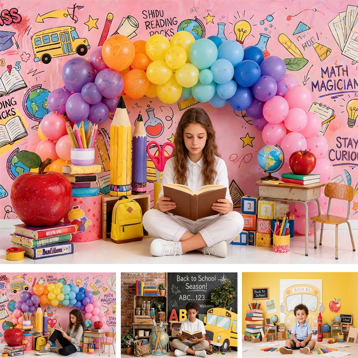 Fotohintergrund für den Schulanfang Bunte Luftballons Erwachsene Kinder Party Deko Rucksack Klassenzimmer Kulissen Erster Schultag Fotoshootings