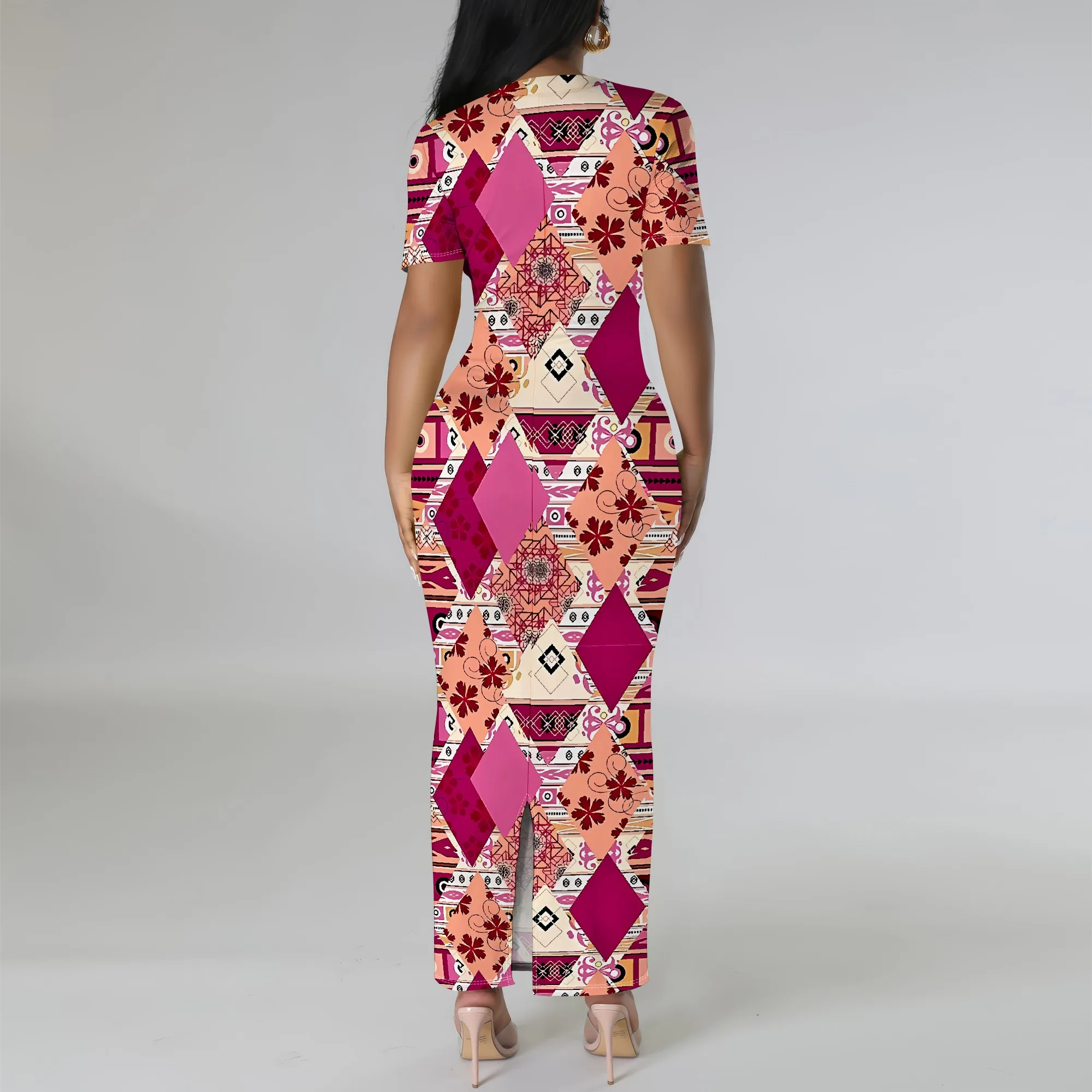 Boho 부족 패치워크 Bodycon 맥시 드레스 짧은 소매 다채로운 민족 스타일 패션웨어