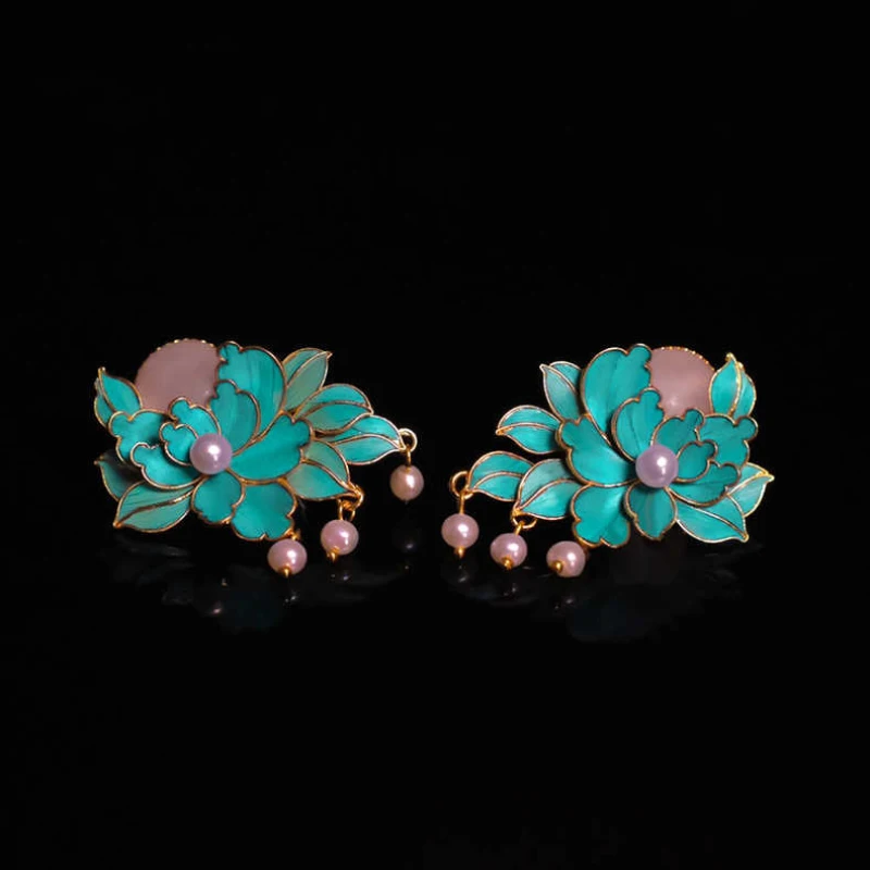 Ancient gold crafts Court style enamel Peony earrings for women Natural Hotan Jade Pearl earings Jewelry cheongsam Accessories